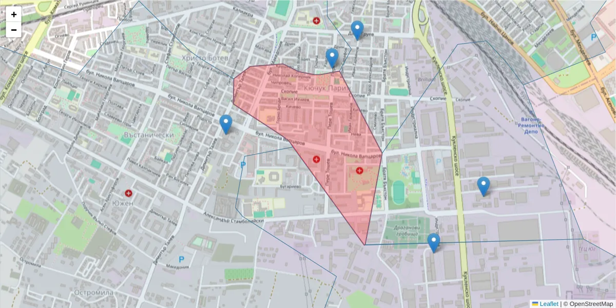 Карта на пощенски код  и съседните пощенски кодове в България
