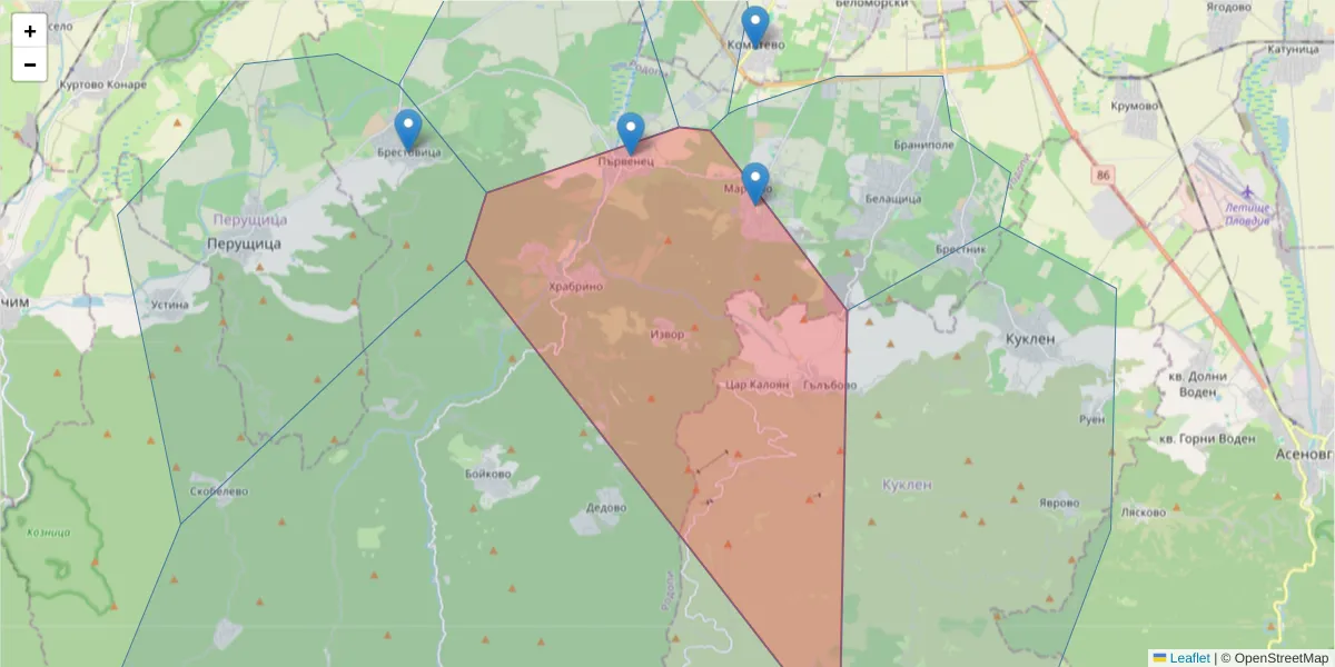 Карта на пощенски код  и съседните пощенски кодове в България