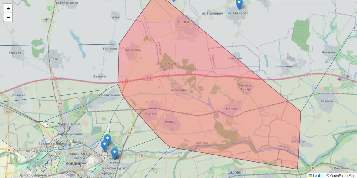 Карта на пощенски код  и съседните пощенски кодове в България