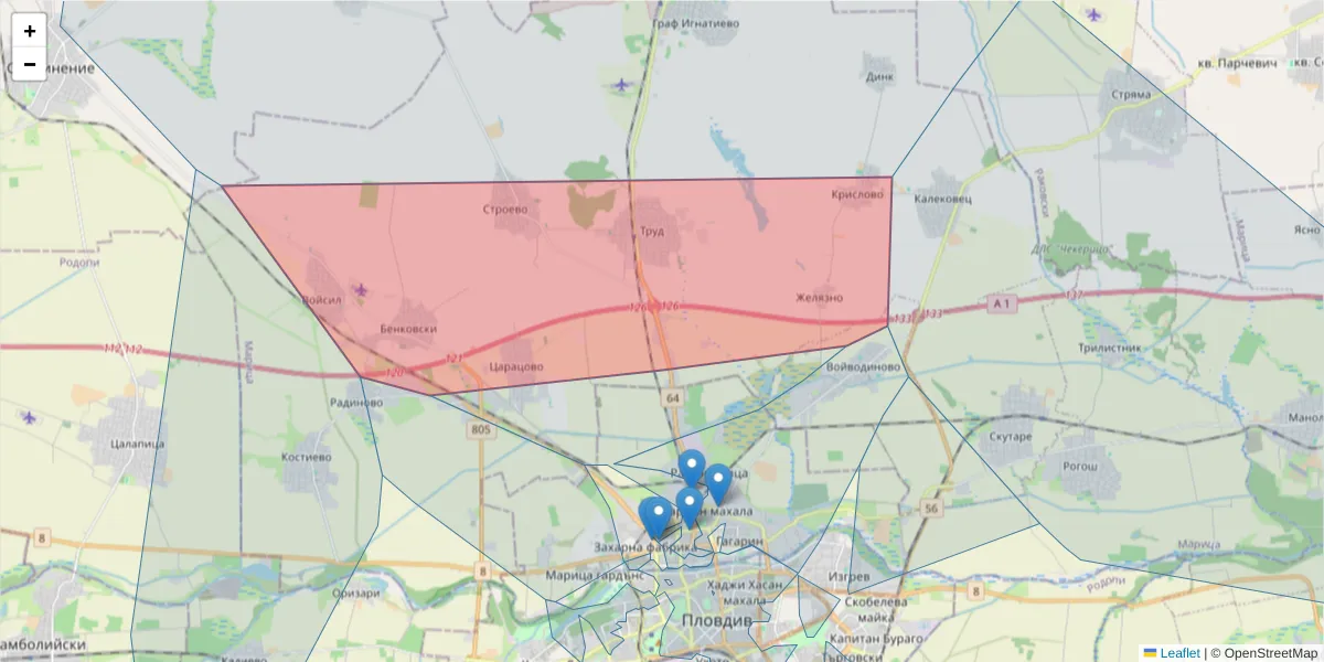 Карта на пощенски код  и съседните пощенски кодове в България