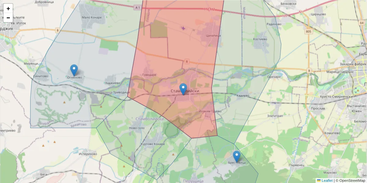 Карта на пощенски код  и съседните пощенски кодове в България
