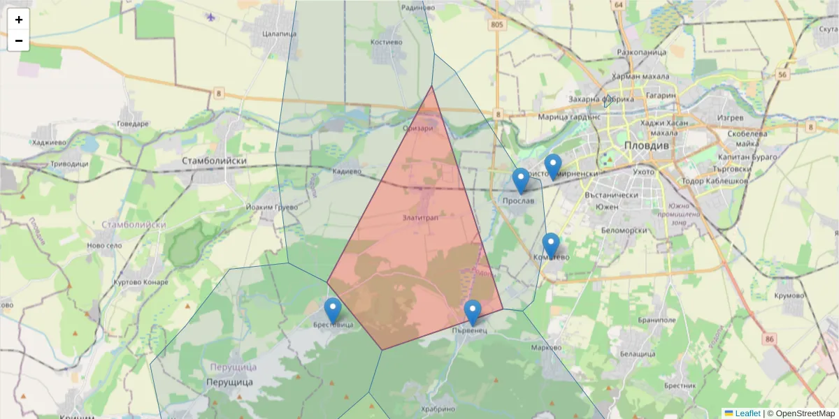 Карта на пощенски код  и съседните пощенски кодове в България