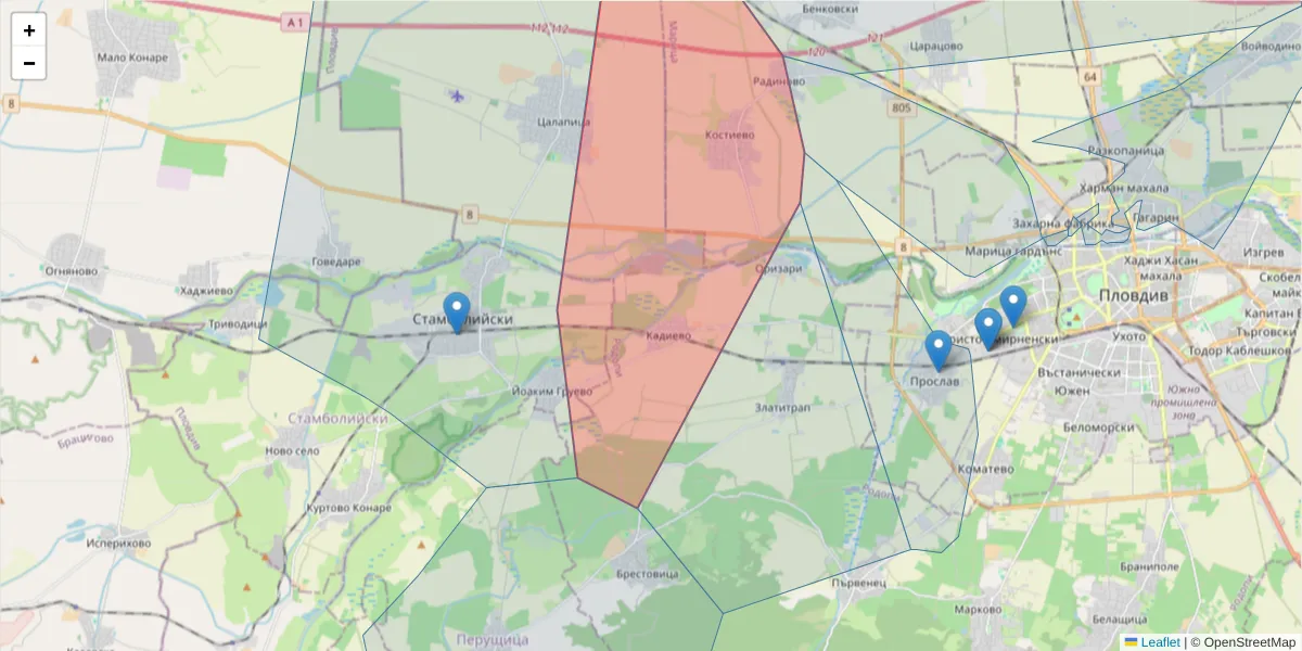 Карта на пощенски код  и съседните пощенски кодове в България