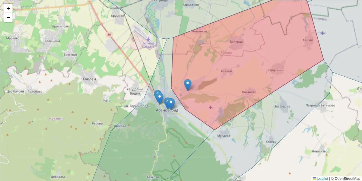 Карта на пощенски код  и съседните пощенски кодове в България