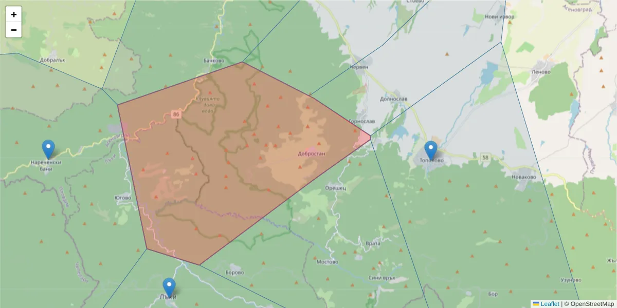 Карта на пощенски код  и съседните пощенски кодове в България