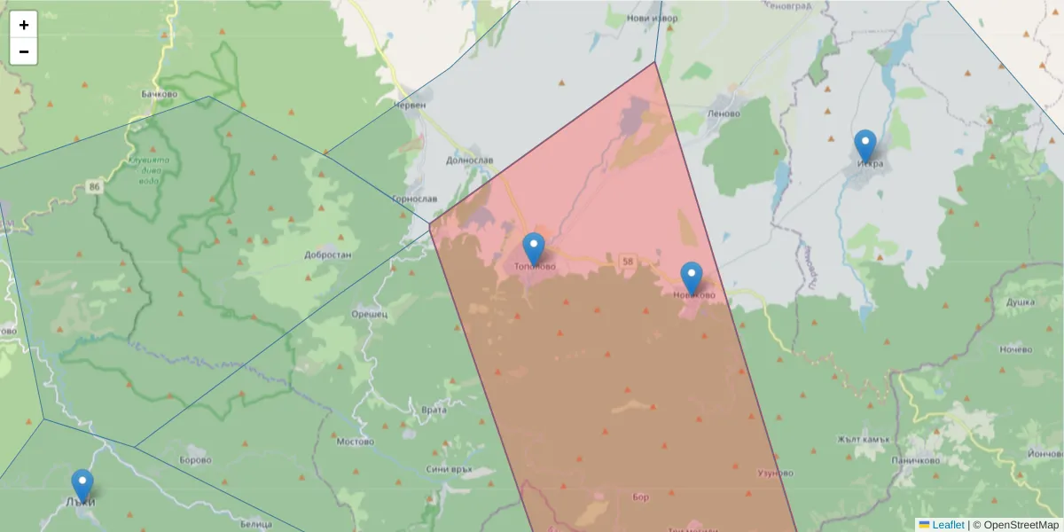 Карта на пощенски код  и съседните пощенски кодове в България