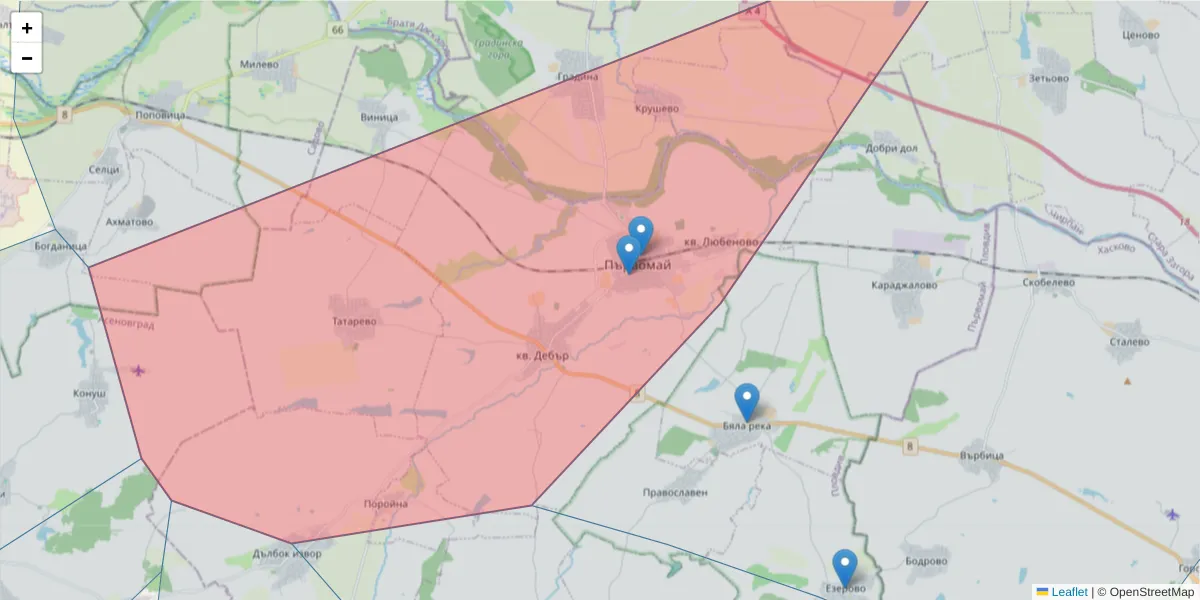 Карта на пощенски код  и съседните пощенски кодове в България
