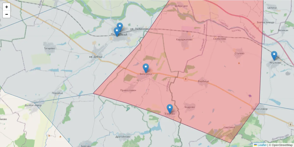Карта на пощенски код  и съседните пощенски кодове в България