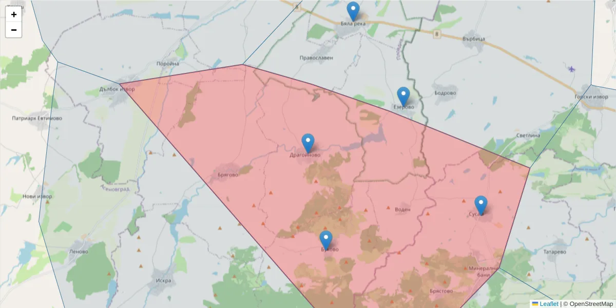 Карта на пощенски код  и съседните пощенски кодове в България