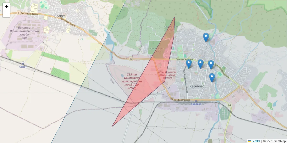 Карта на пощенски код  и съседните пощенски кодове в България