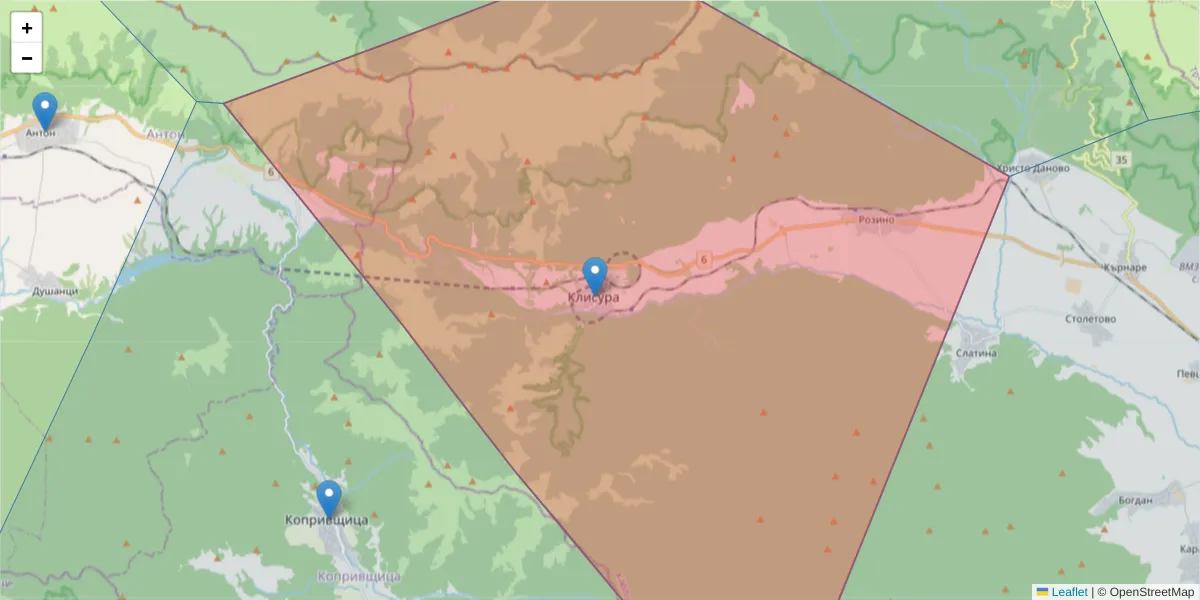 Карта на пощенски код  и съседните пощенски кодове в България
