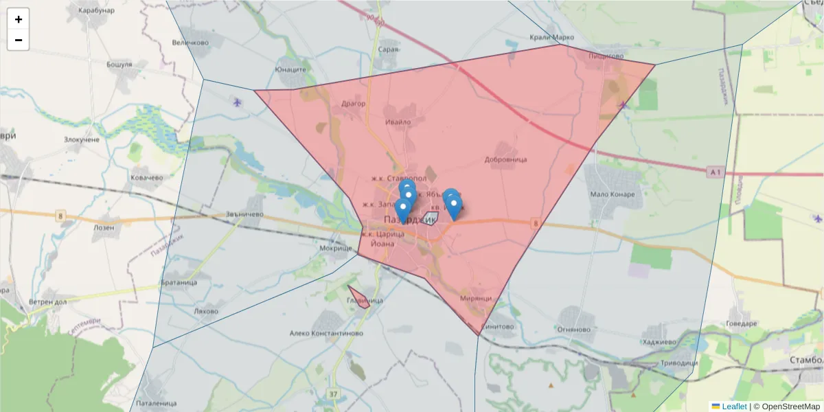 Карта на пощенски код  и съседните пощенски кодове в България