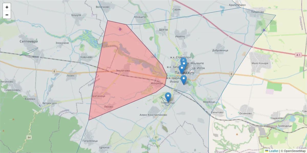 Карта на пощенски код  и съседните пощенски кодове в България