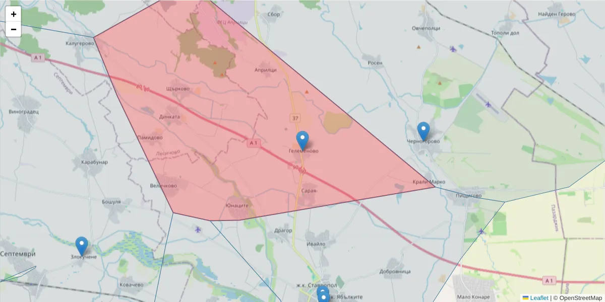 Карта на пощенски код  и съседните пощенски кодове в България