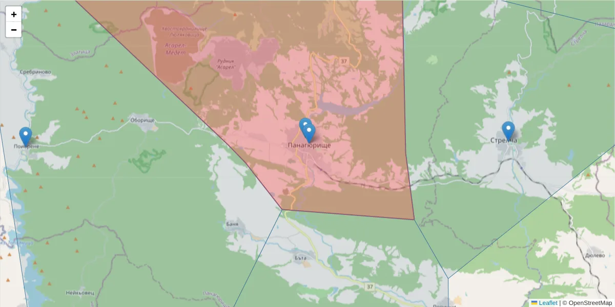 Карта на пощенски код  и съседните пощенски кодове в България