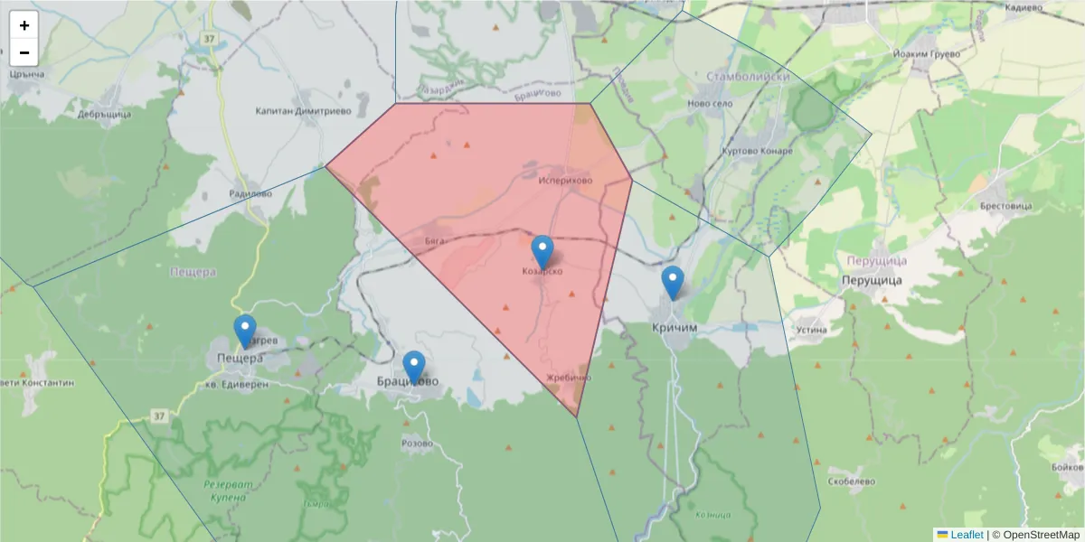 Карта на пощенски код  и съседните пощенски кодове в България