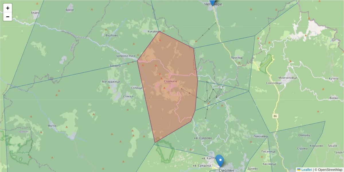 Карта на пощенски код  и съседните пощенски кодове в България