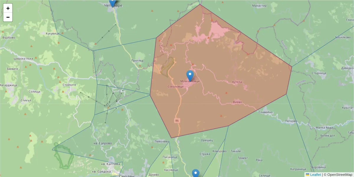 Карта на пощенски код  и съседните пощенски кодове в България