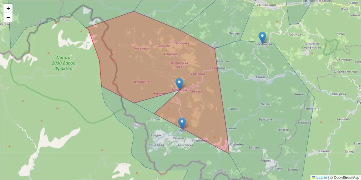 Карта на пощенски код  и съседните пощенски кодове в България