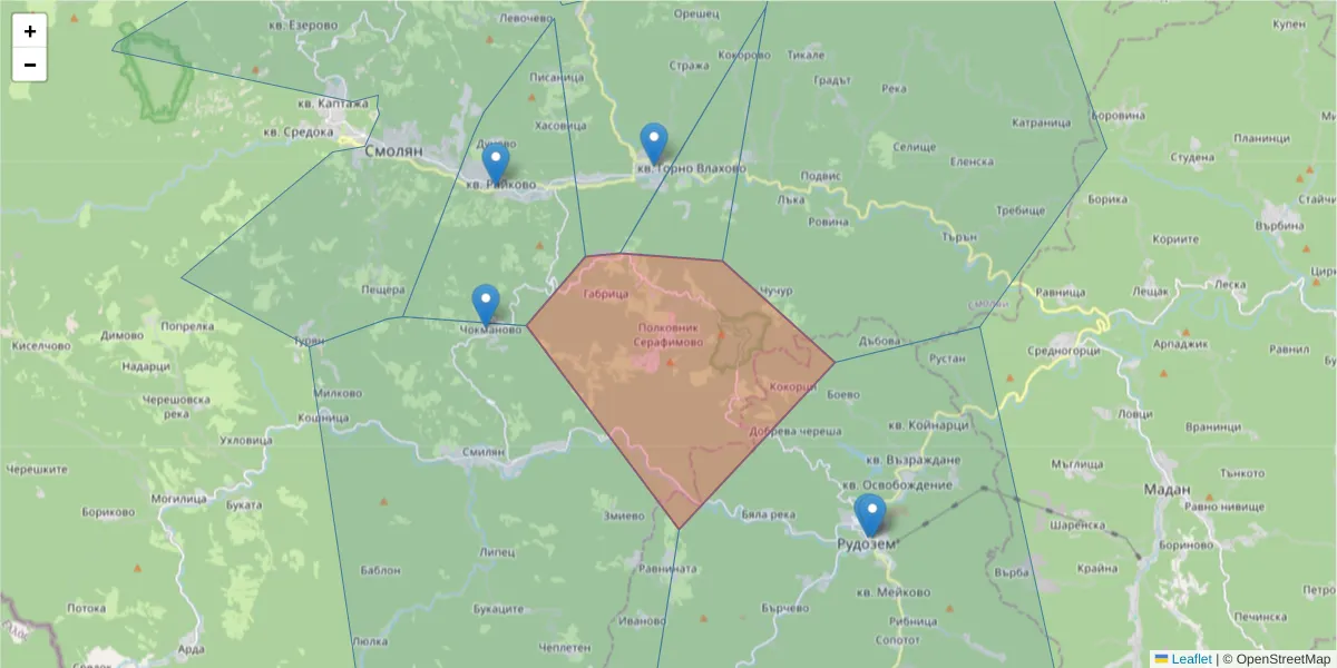 Карта на пощенски код  и съседните пощенски кодове в България