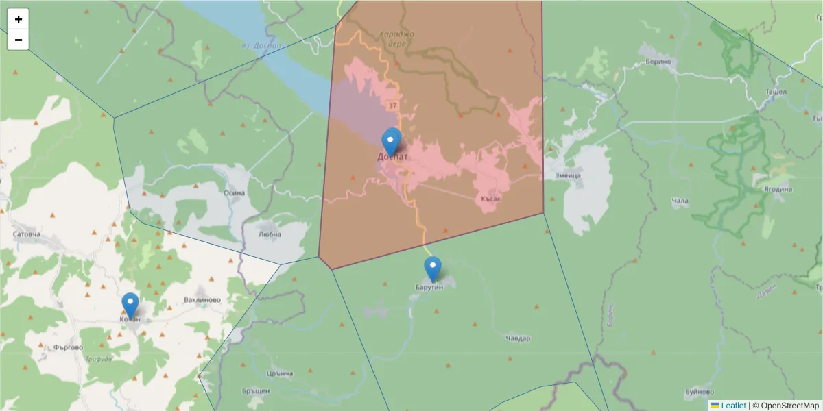 Карта на пощенски код  и съседните пощенски кодове в България