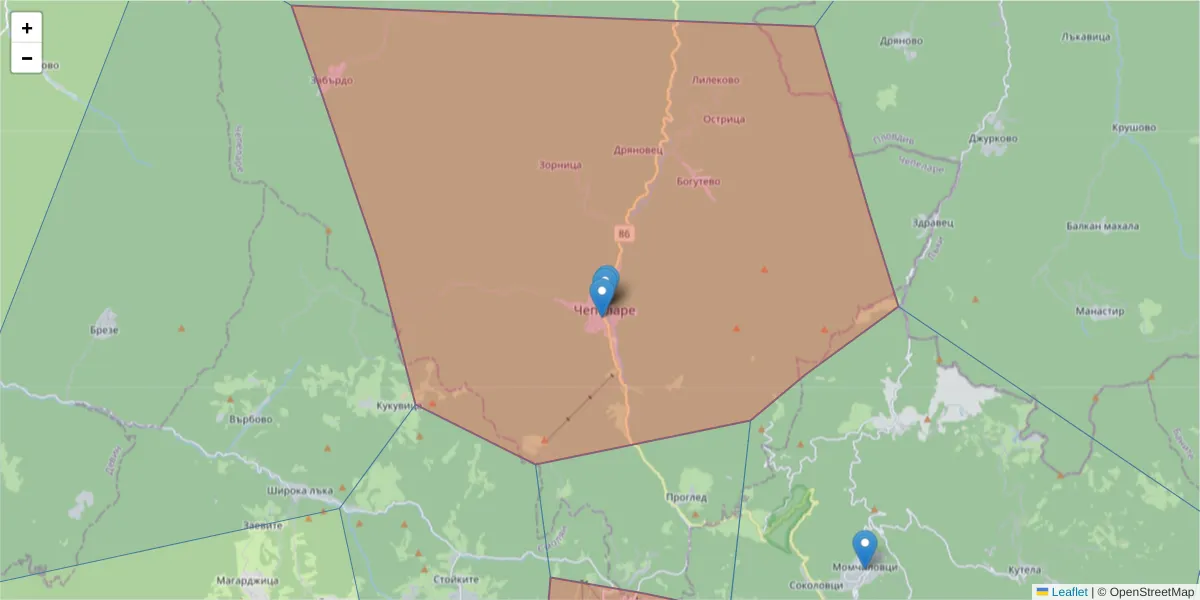 Карта на пощенски код  и съседните пощенски кодове в България