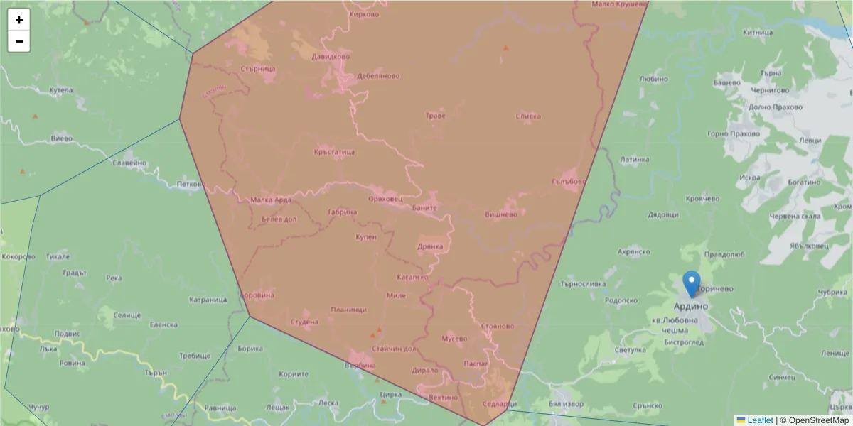 Карта на пощенски код  и съседните пощенски кодове в България