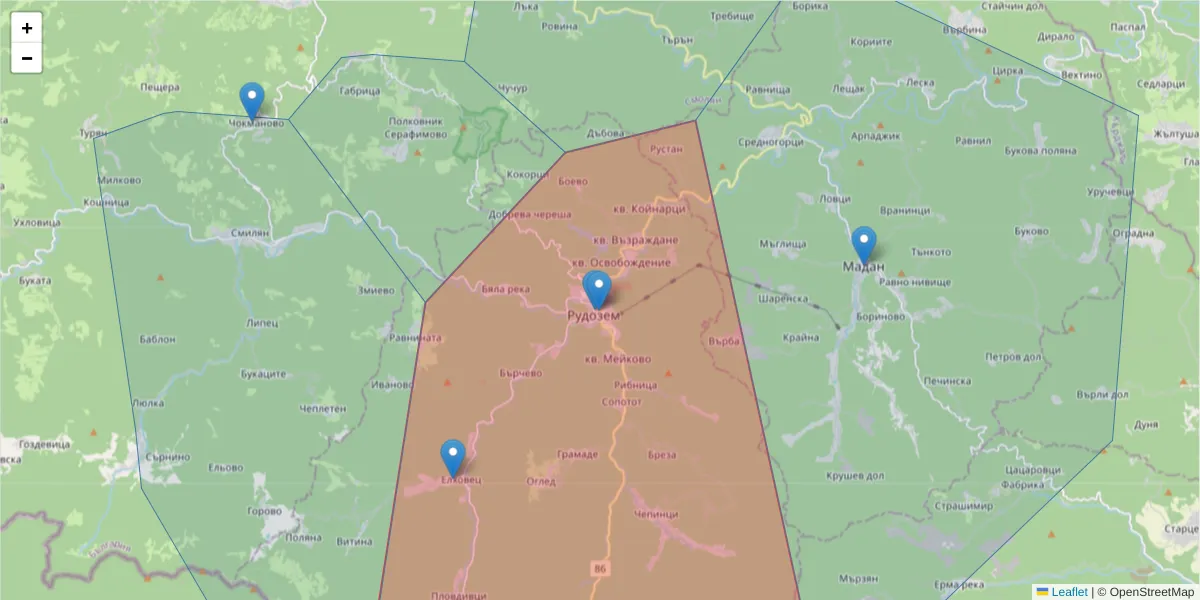 Карта на пощенски код  и съседните пощенски кодове в България