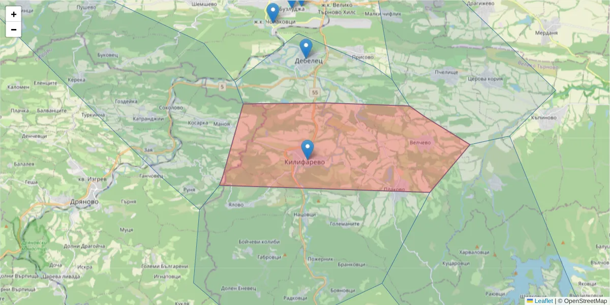 Карта на пощенски код  и съседните пощенски кодове в България