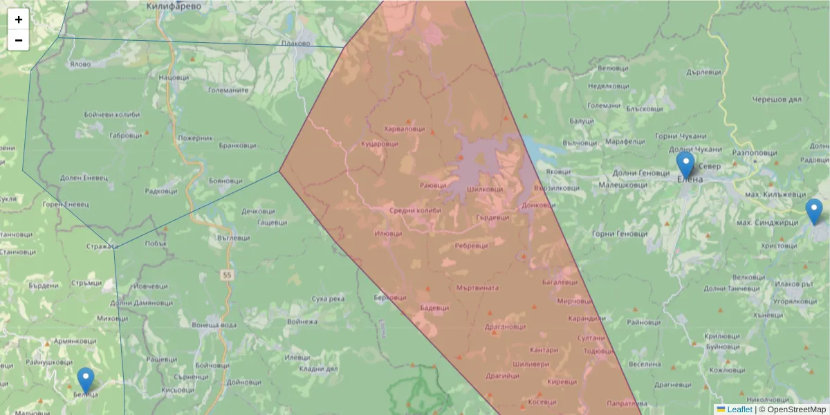 Карта на пощенски код  и съседните пощенски кодове в България