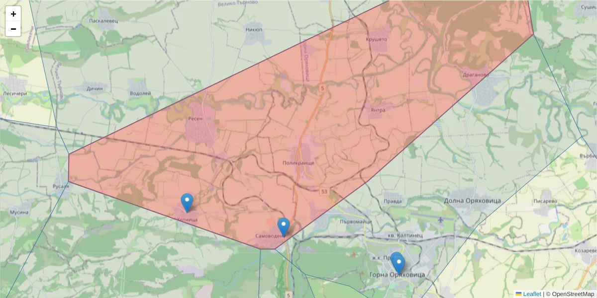 Карта на пощенски код  и съседните пощенски кодове в България