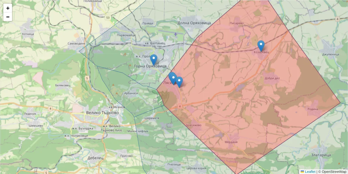 Карта на пощенски код  и съседните пощенски кодове в България