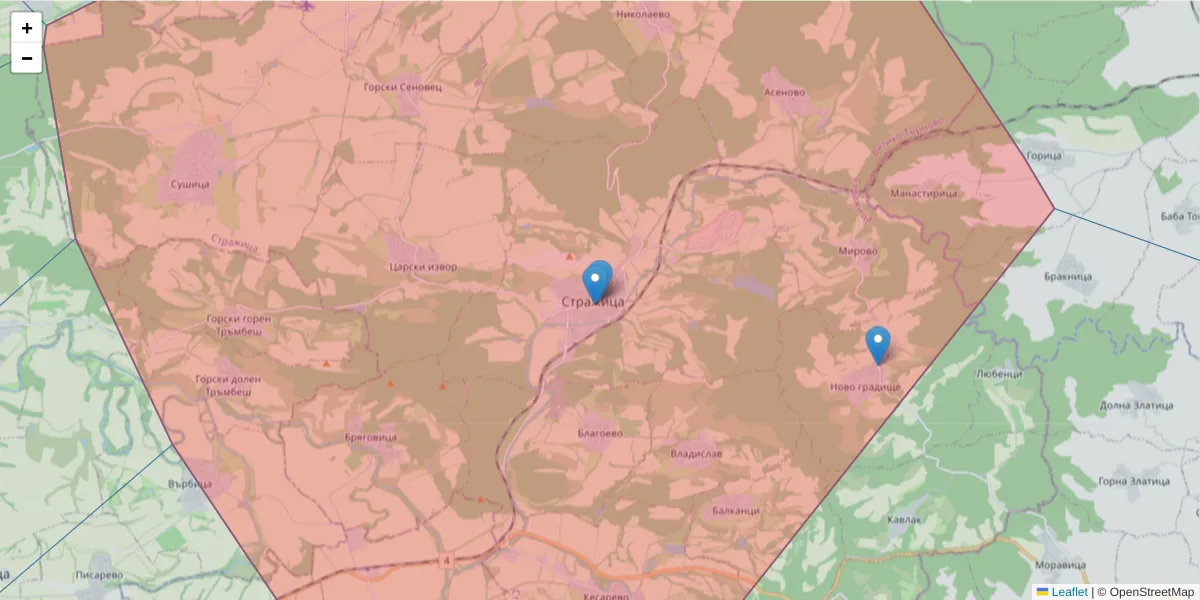 Карта на пощенски код  и съседните пощенски кодове в България