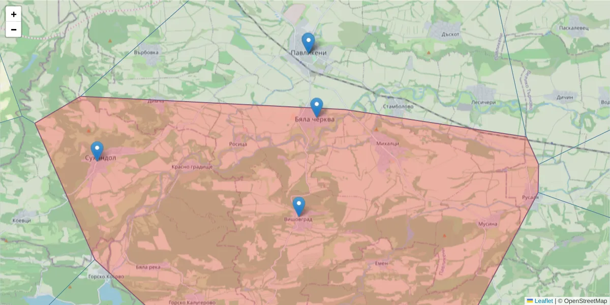 Карта на пощенски код  и съседните пощенски кодове в България