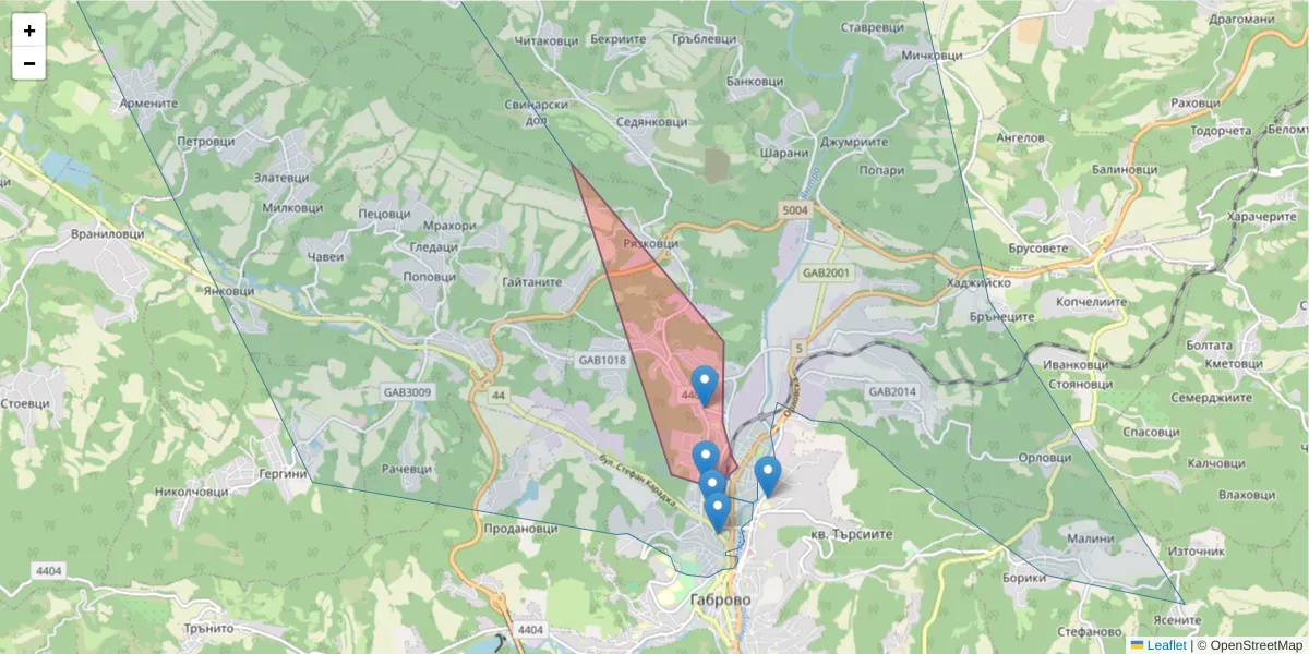 Карта на пощенски код  и съседните пощенски кодове в България