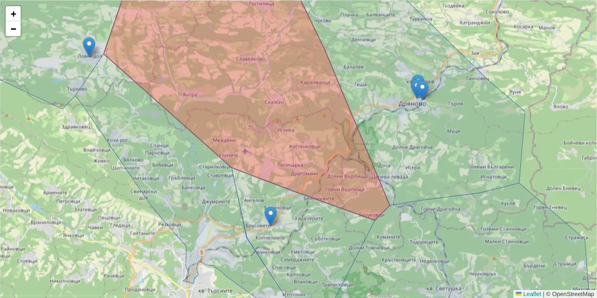 Карта на пощенски код  и съседните пощенски кодове в България