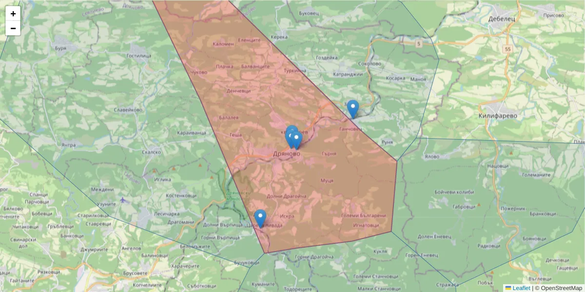 Карта на пощенски код  и съседните пощенски кодове в България