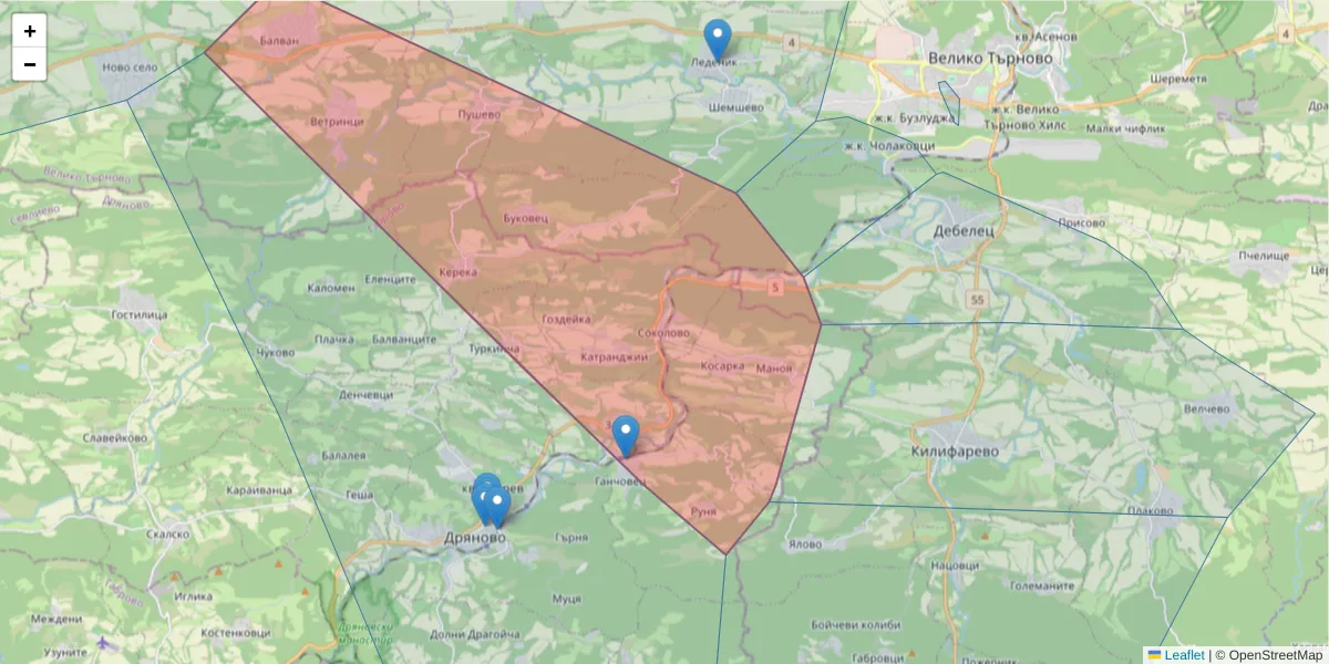 Карта на пощенски код  и съседните пощенски кодове в България