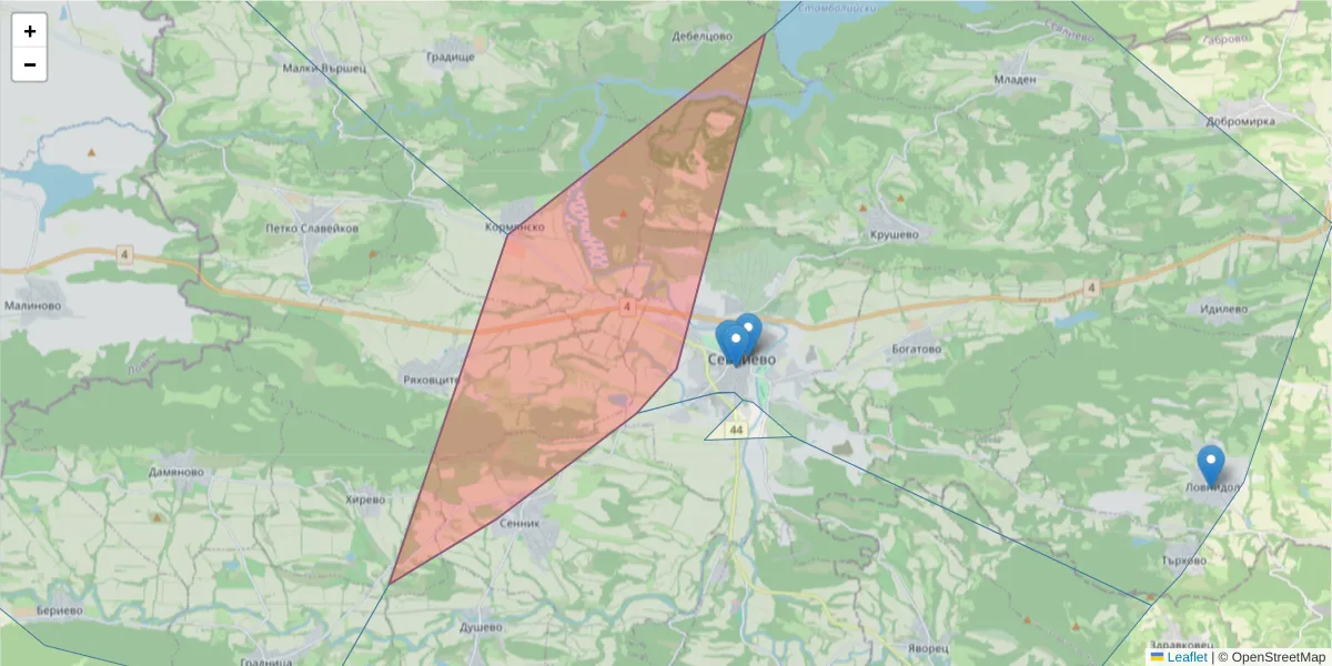 Карта на пощенски код  и съседните пощенски кодове в България