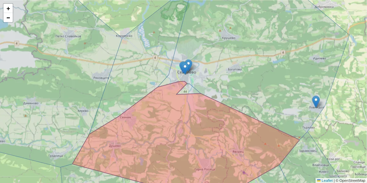 Карта на пощенски код  и съседните пощенски кодове в България