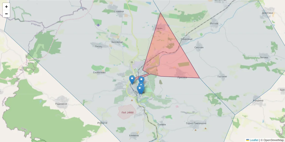 Карта на пощенски код  и съседните пощенски кодове в България