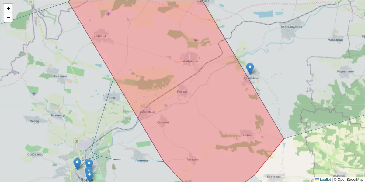Карта на пощенски код  и съседните пощенски кодове в България