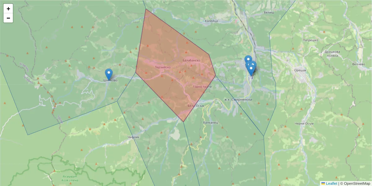 Карта на пощенски код  и съседните пощенски кодове в България