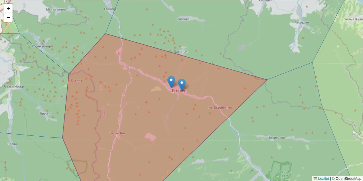 Карта на пощенски код  и съседните пощенски кодове в България