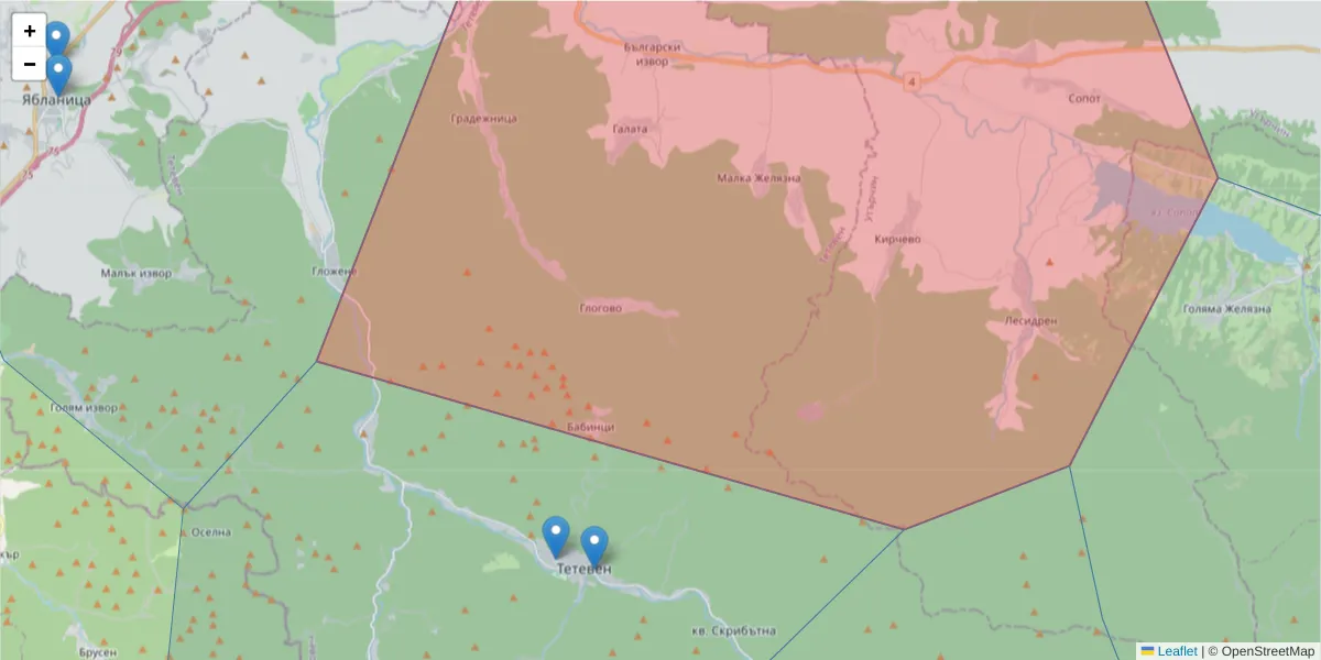 Карта на пощенски код  и съседните пощенски кодове в България