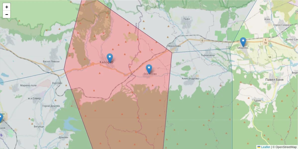 Карта на пощенски код  и съседните пощенски кодове в България
