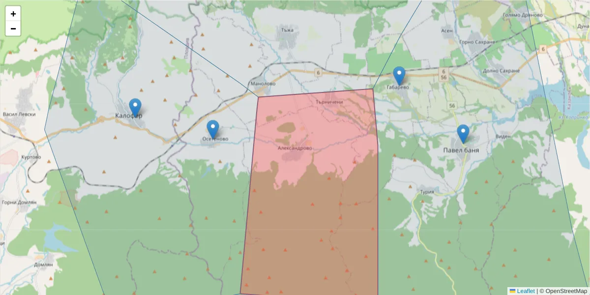 Карта на пощенски код  и съседните пощенски кодове в България