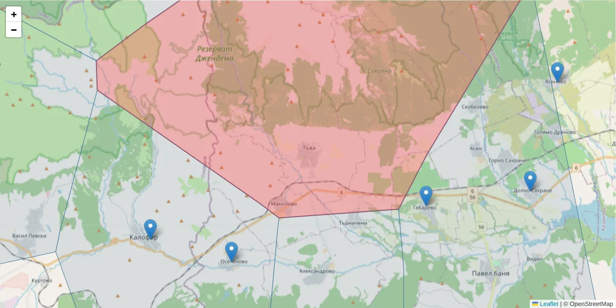 Карта на пощенски код  и съседните пощенски кодове в България