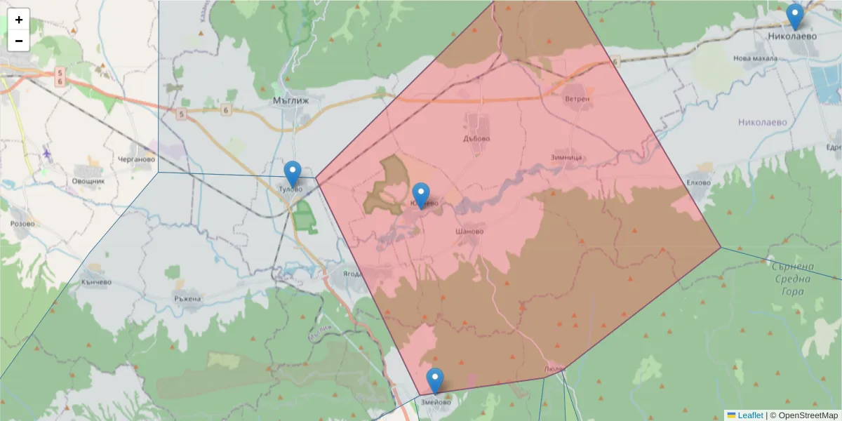 Карта на пощенски код  и съседните пощенски кодове в България