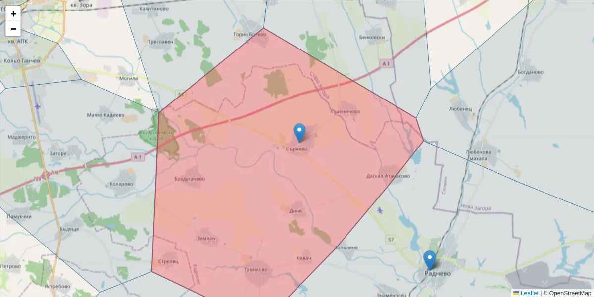 Карта на пощенски код  и съседните пощенски кодове в България